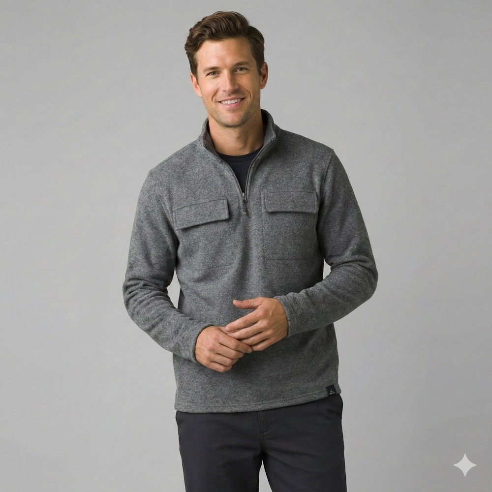 PrAna Mens Brookland 1/4 Zip Sweater Gravel Melange Knit‎ Medium Recycled Wool
